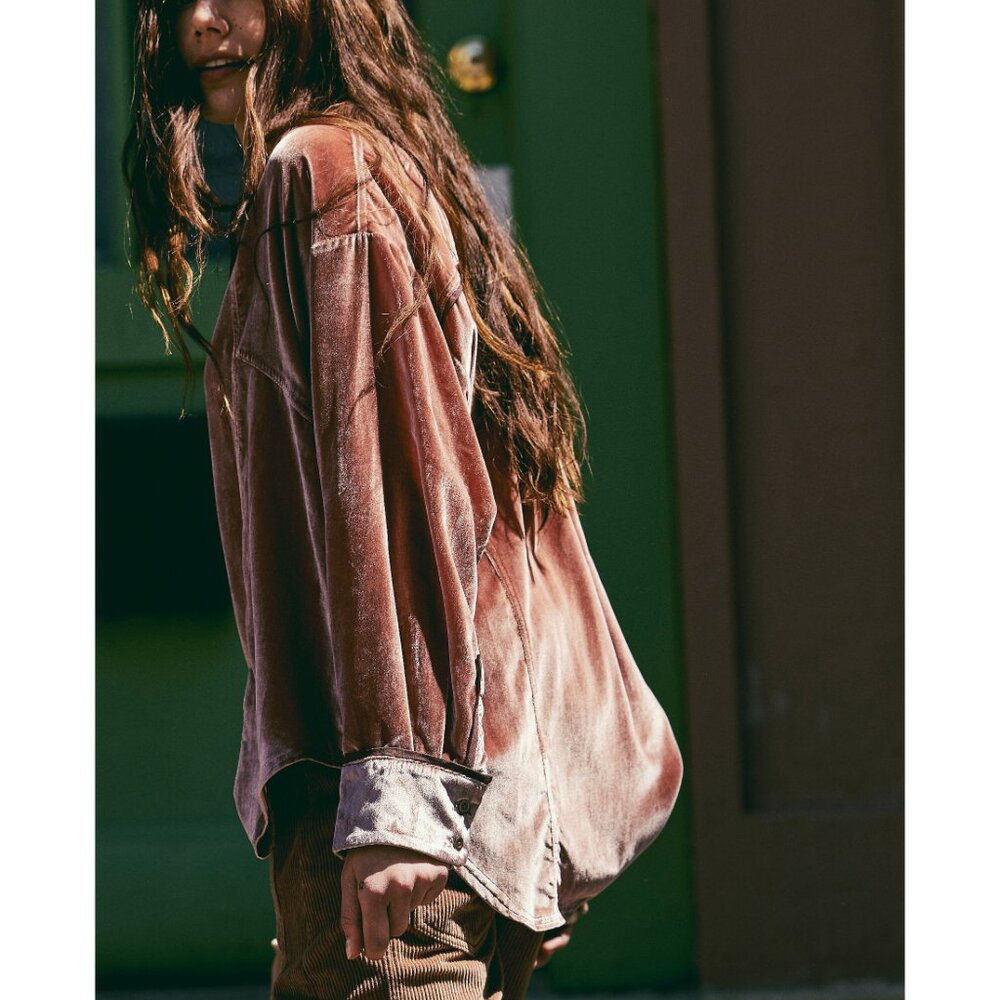 FREE PEOPLE We The Free Luxy Solid Velvet Shirt / Cedar Wood - Picture 8 of 9